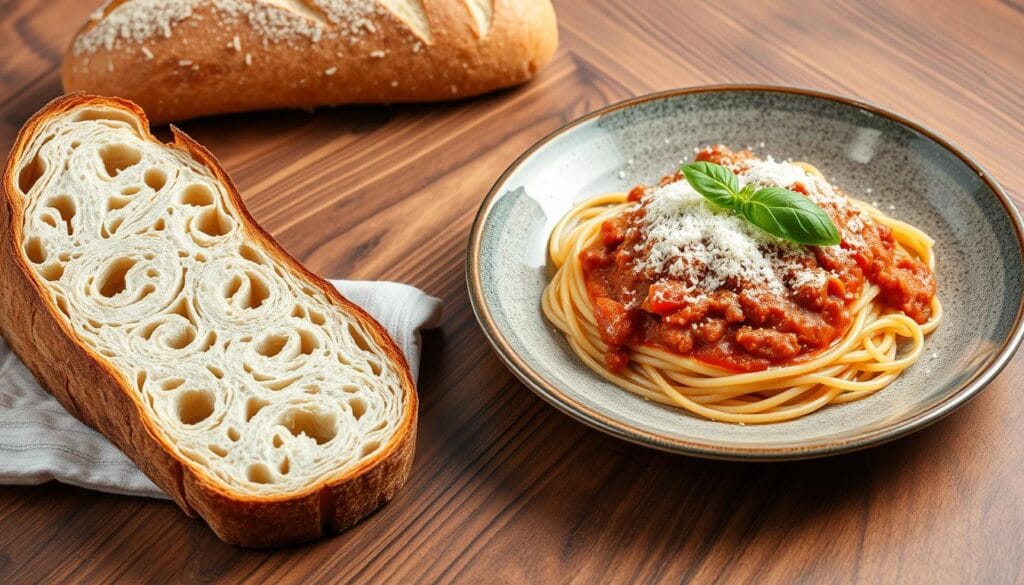 Spaghetti Bolognese mit Parmesan und Brot